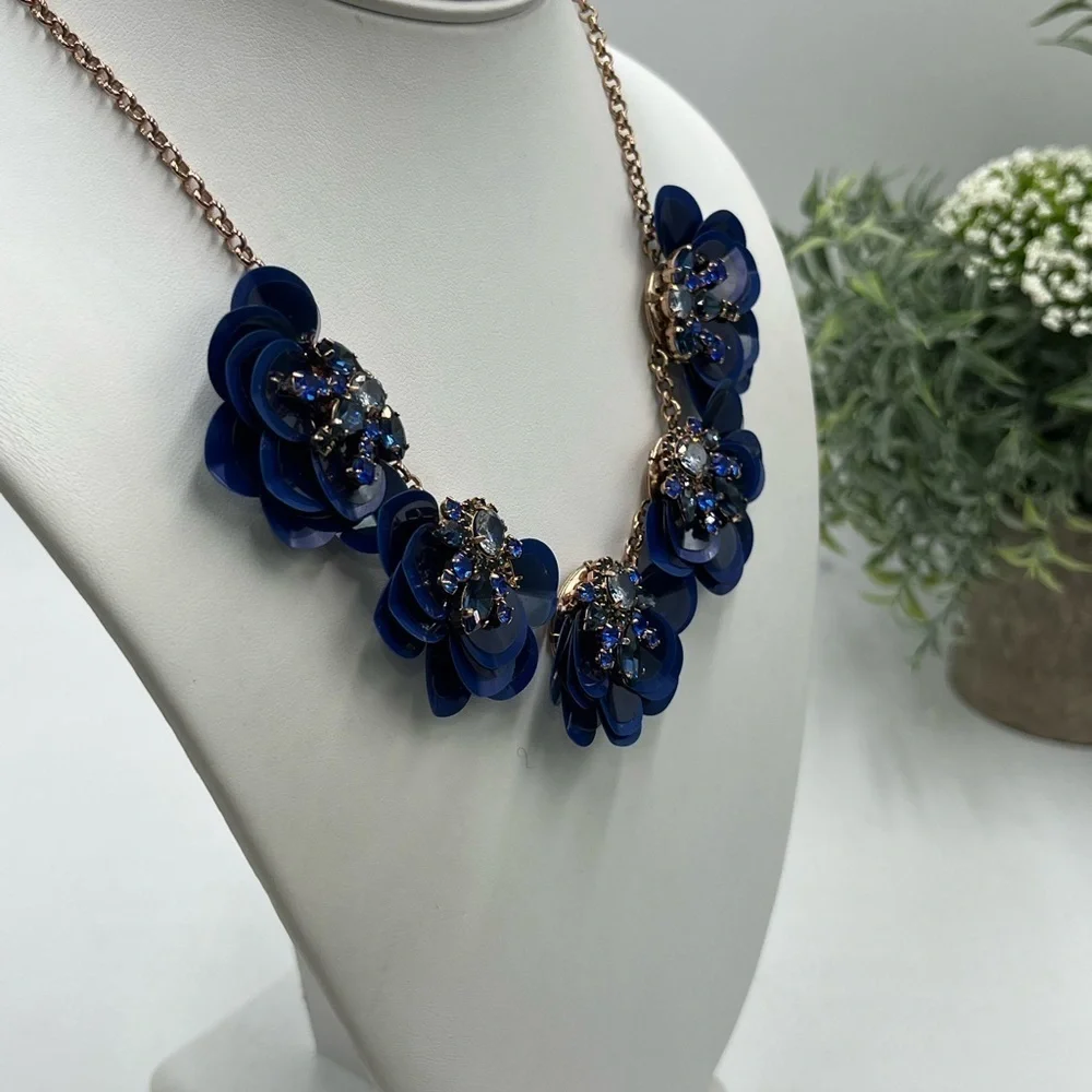 Kate Spade New York Blue Snowy Nights Sequined Flower AB Statement Rose Necklace